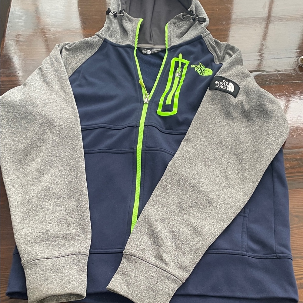 The North Face Men’s Navy and Gray Zip Hoodie with Neon Accents